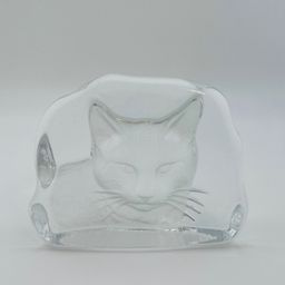 Vintage Crystal Etched And Frosted Cat Paperweight 3.25”x 4” FF