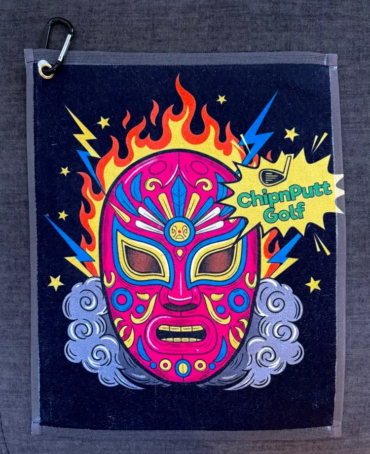 ChipnPutt Golf , “Pink Luchador “ Golf towel 20” L x 16” w. carabiner, Ships next Day