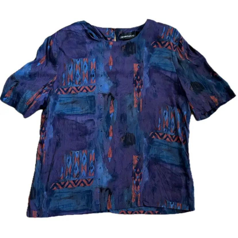 Vintage In Group Purple Blue Rayon Blouse Shirt Size 12 Indie Boho Made In USA