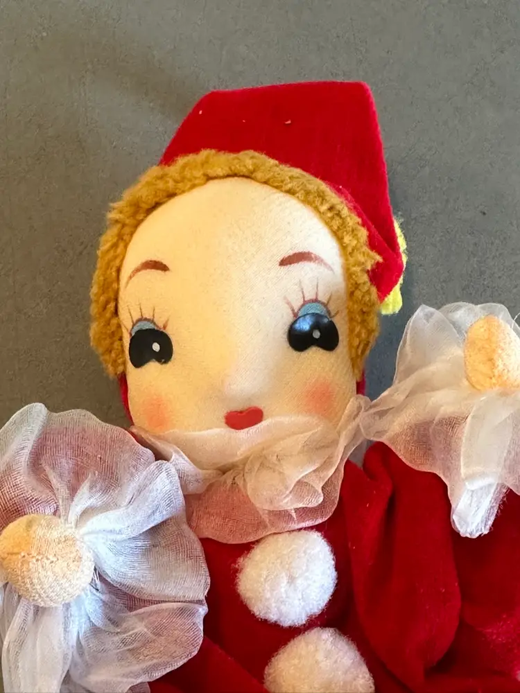 Vintage Pixie Elf Stockinette Pose Doll Bendable Red Velvet Suit Big Eyes Christmas
