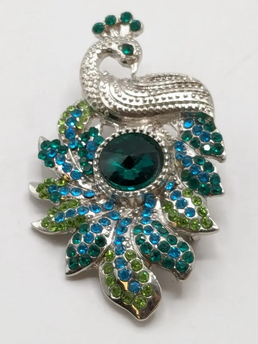 Peacock Brooch Pin Green Blue Rhinestones Silver Tone