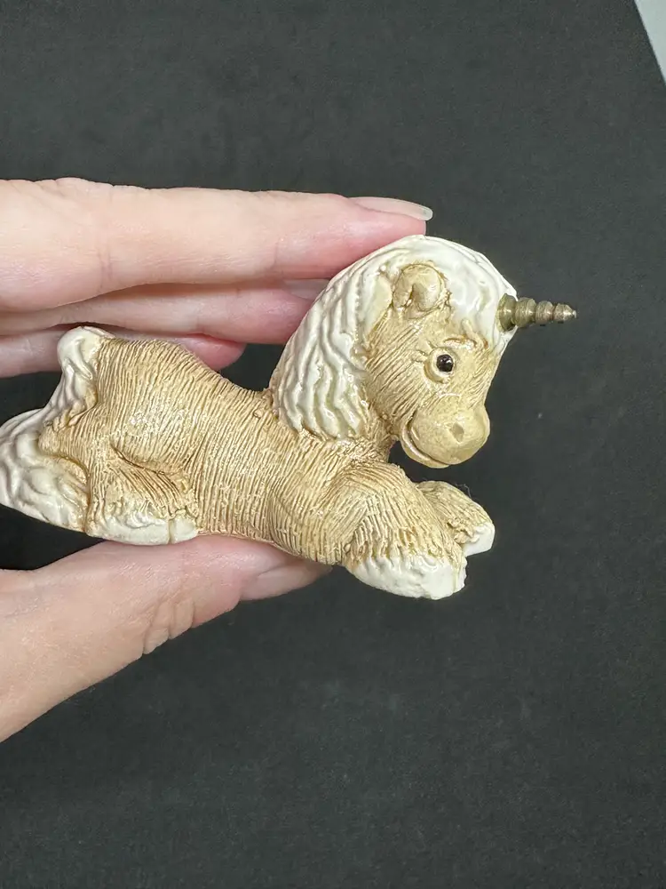 Vintage Artesania Rinconada Unicorn Sculpture Clay Baby Brass Horn Whimsical