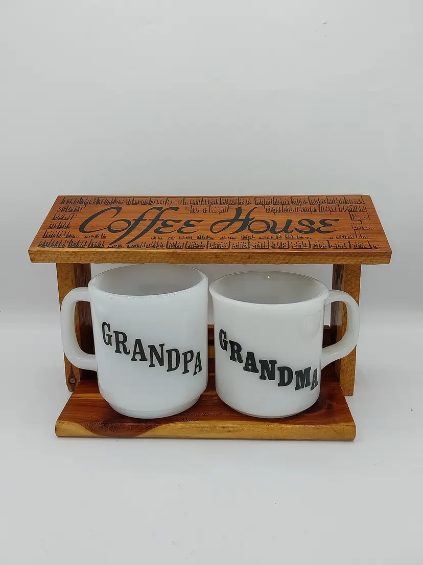 Vintage Wood & Milk Glass 'COFFEE HOUSE' Grandma & Grandpa Mug Set!
