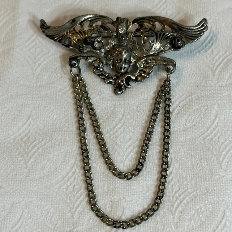 Vintage Silver And Gold Tone Gothic Style Cherub With Chain And Rhinestone Brooch
