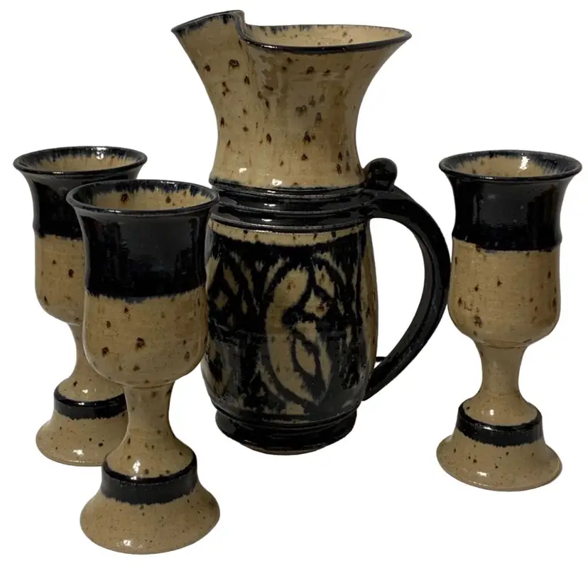Rare 1981 Lene Kuhl Denmark Studio Art Pottery Pitcher w 3 Goblets Set
