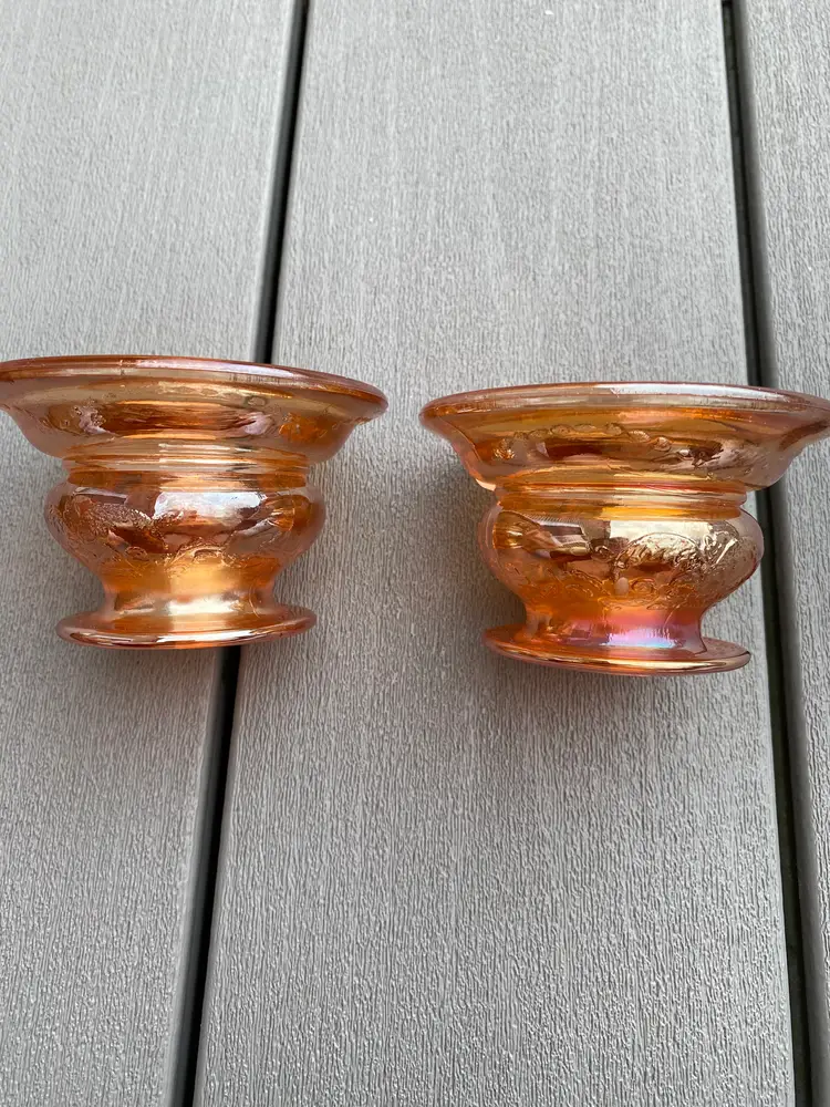 PAIR OF VINTAGE FEDERAL GLASS IRIDESCENT MARIGOLD CARNIVAL GLASS CANDLE HOLDERS