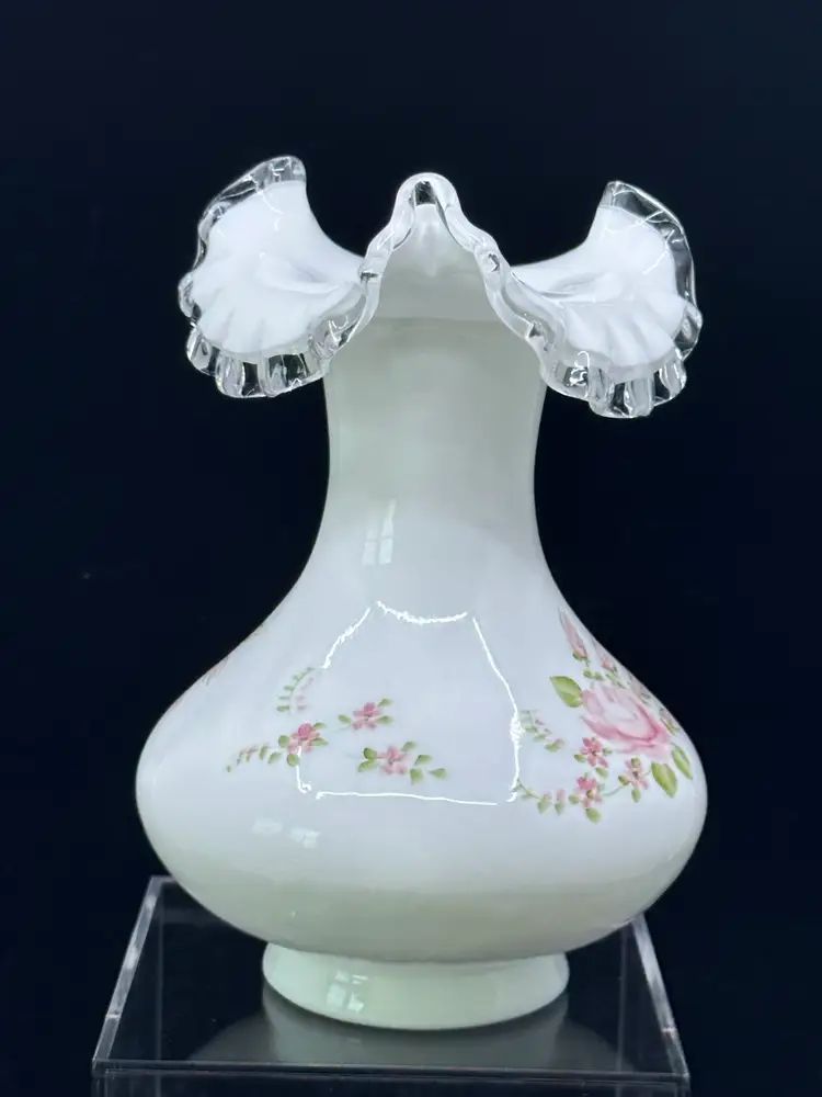 Fenton Milk Glass Silver Crest Vase with Roses Made for Sears 1970’s