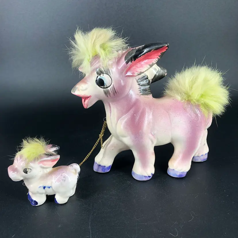 Vintage MCM Anthropomorphic Purple Donkey Family Ceramic Fur Figurine Japan