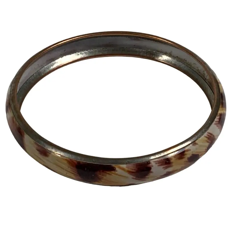 Sparkly Shinny  Vintage Brown Animal Print Acrylic-Plastic Baked On Metallic Bangle 
