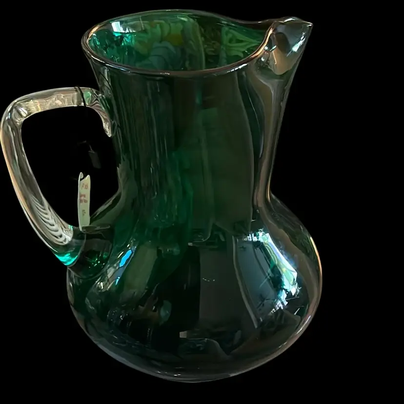 Blown Glass Art Green Pitcher With Applied Handle