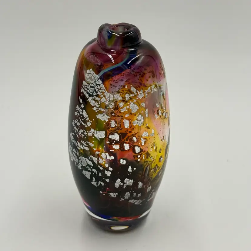 Colleen Ott Signed Colorful Swirl With Silver Foil Art Glass Perfume Bottle No Stopper