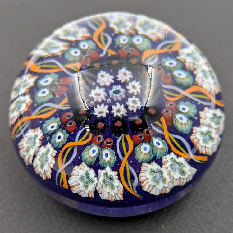 Strathearn Scottish Art Glass Paperweight Navy Millefiori 8 Spoke