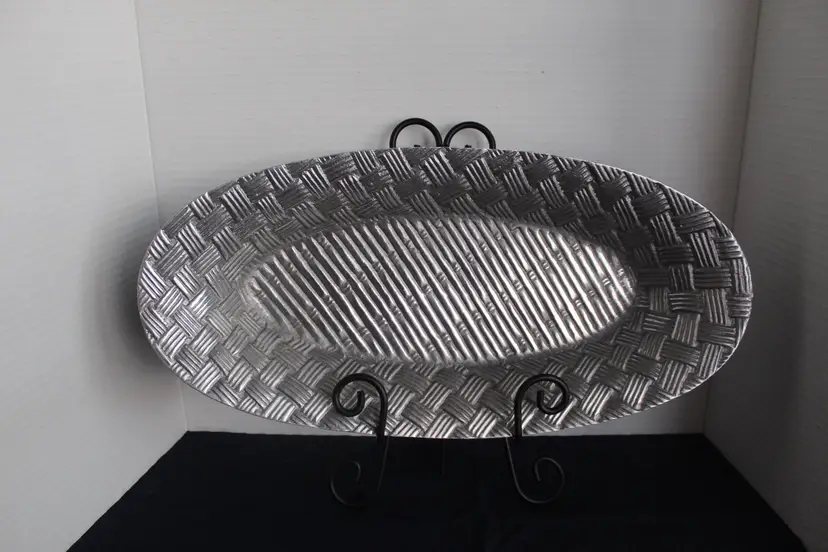 Macy's The Cellar Pewter Basket Weave Oval Bread Serving Tray