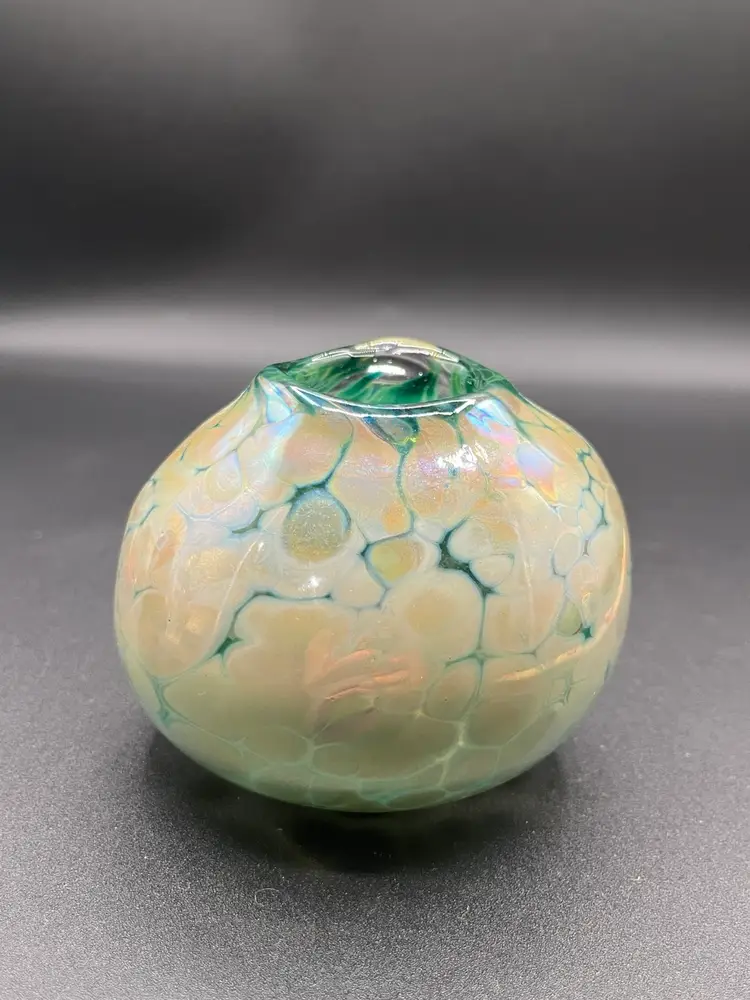 Green & Tan Speckle Iridescent Blown Art Glass Bulbous Vase 2”
