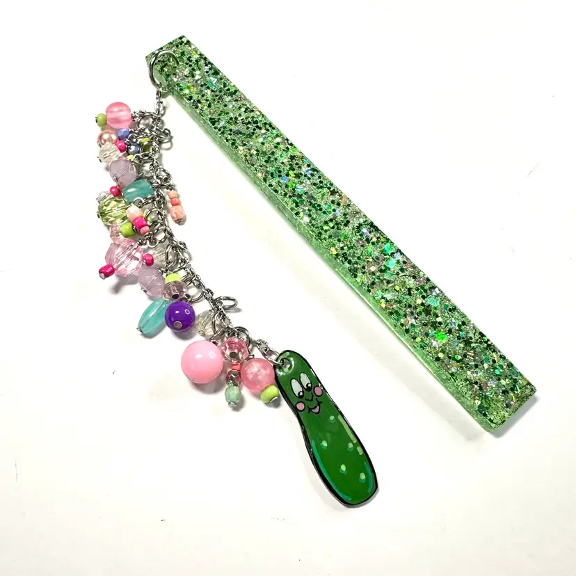 Pickle Multicolor Beaded Dangle Green Glitter Resin Bookmark 5” Plus Dangle Handmade