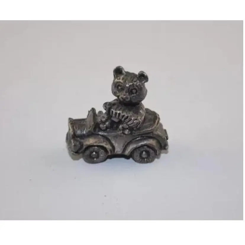 Vintage Solid Pewter Teddy Bear in Car, Stamped Taiwan, Excellent Cond