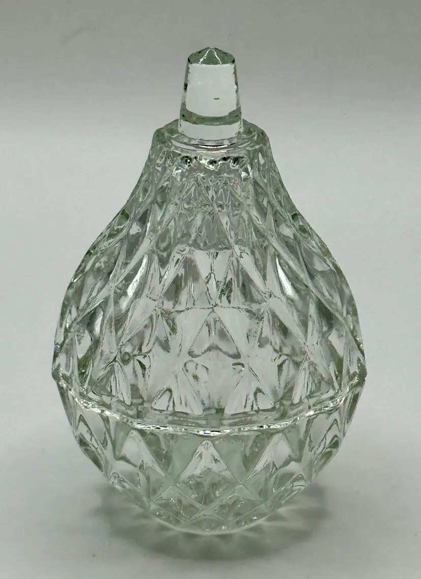 Vintage Handcrafted Lead Crystal Pear Shaped Lidded Trinket Box, Diamond Pattern, Elegant Vanity Decor, Unbranded, Made In Romania