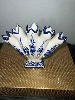 #01 Vintage Hand Painted Blue & White 5 Finger Vase