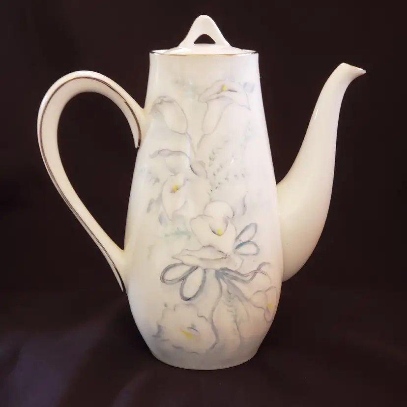 Teapot with Lid Style House  Platinum Ring Fine China Hand Painted & Signed Vintage