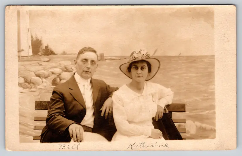 Postcard RPPC Husband and Wife before Wedding Real Photo Bill and Katherine - 9291