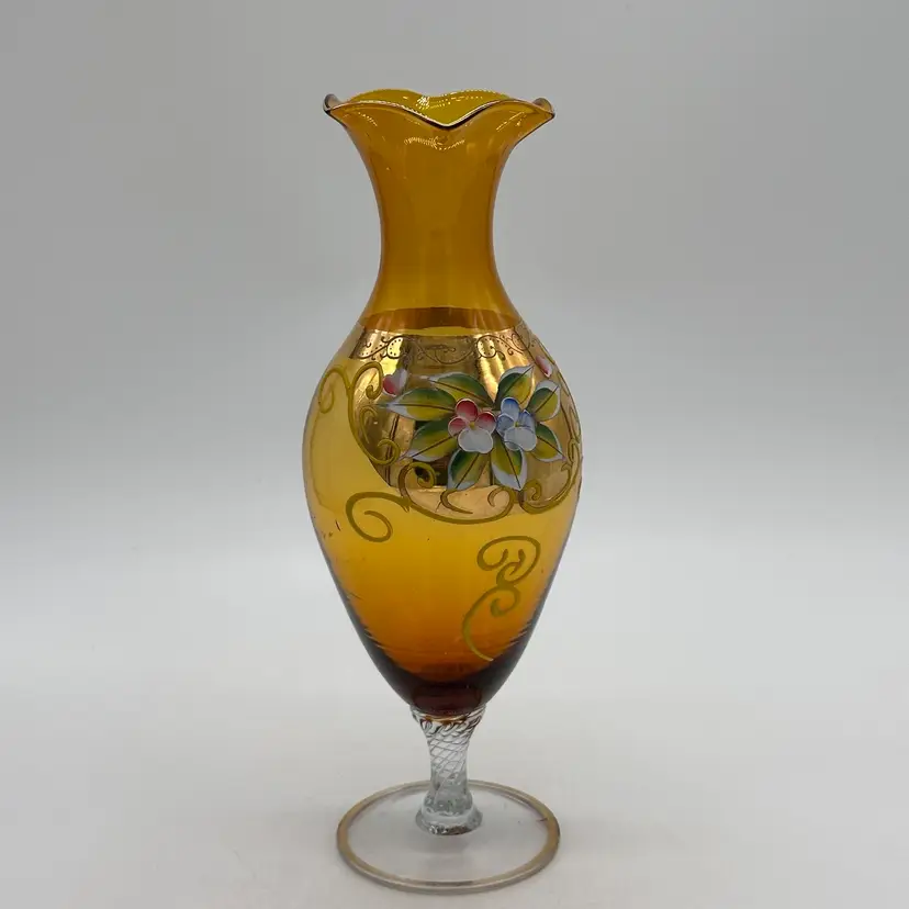 Hand Painted Floral Gold Bohemian Vintage Amber Yellow Glass Vase