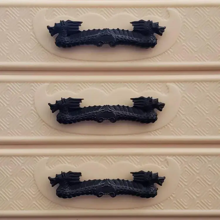 Celluloid Japanese Jewelry Box Asian Dragon Black Handles Etched Scene Vintage