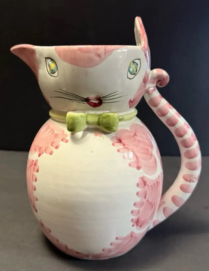 Vintage Italian Pottery Hand-Painted Pink Spotted Cat Pitcher Jug 8.5” H