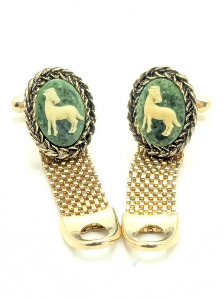 Vintage Gold Tone Green Cameo Goat Mesh Wrap Cufflinks Zodiac