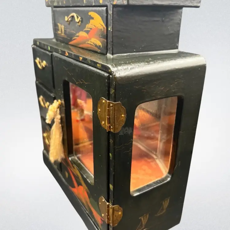Vintage Japanese Black Lacquer Musical Jewelry Box, Spinning Geisha,Glass Doors