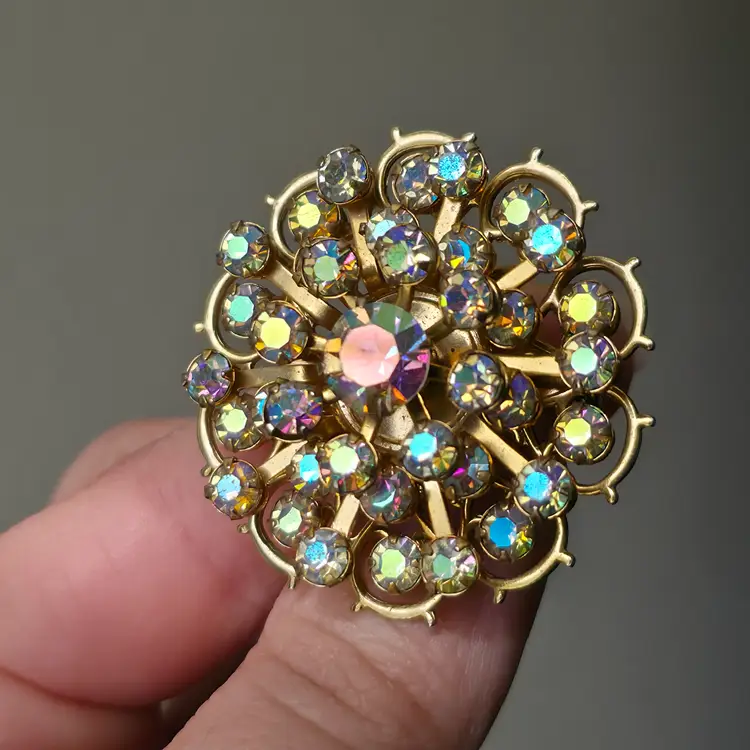Vintage Aurora Borealis Domed 3D Gold Tone Brooch