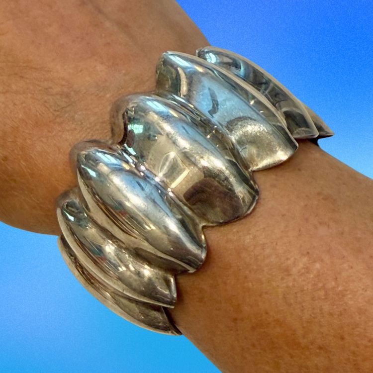 Vintage MCM Mexican Modernist Alpaca SilverTone Wavy Cuff Bracelet, 2.25” Inner Diameter, 1.5” Wide