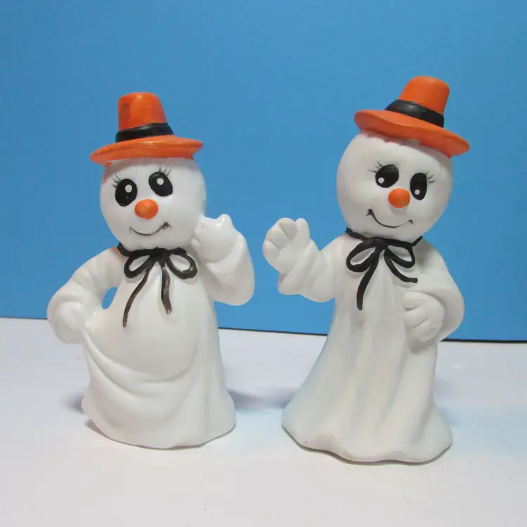 vintage set of 2 bisque ceramic ghost with orange hat figures Halloween decor