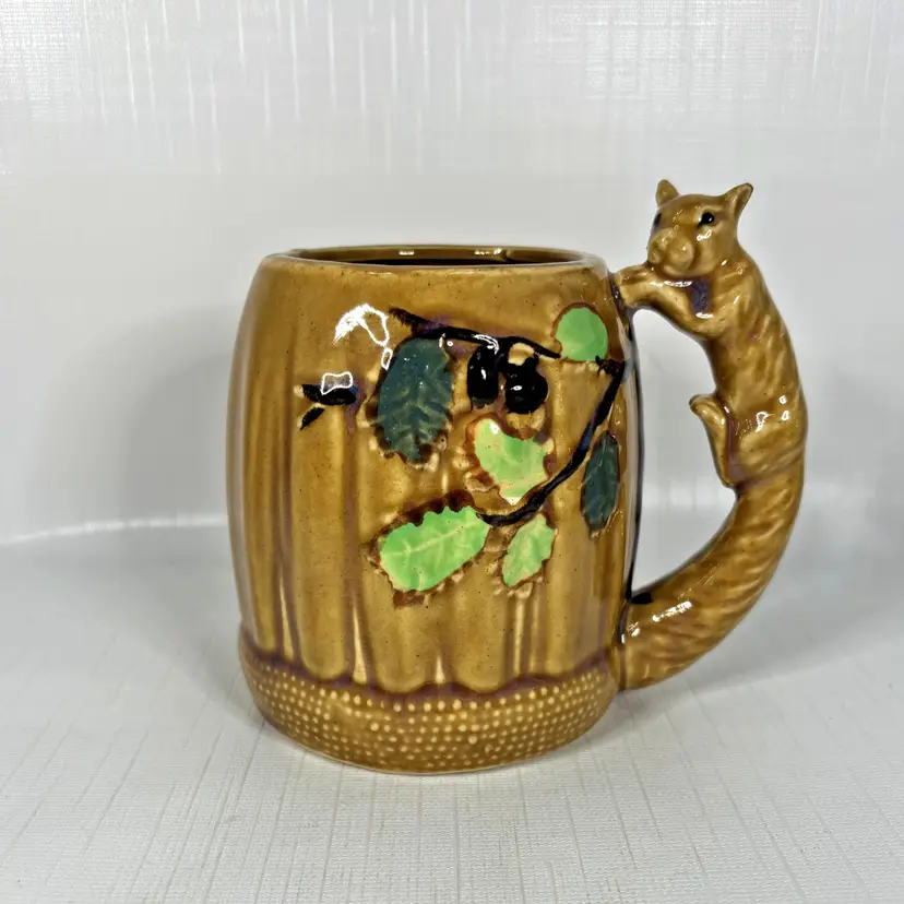 Acorn Squirrel Handle  Ceramic Mug Cup Made Japan Kitch Rustic MCM Vintage