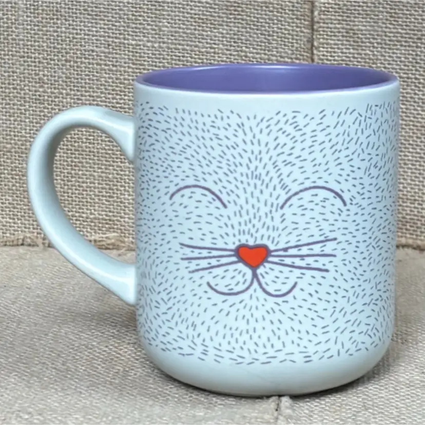 Marcus Walters Cat Smiles Coffee Mug Cup w Purple Interior Twee Funny Whimsical