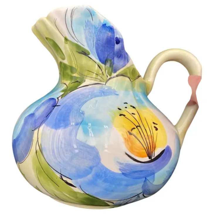 Vintage Hand-Made Beautiful Multicolor Floral Ceramic Pitcher, Made in Italy, MINT