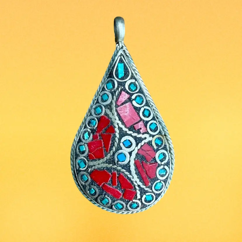 2.5” Vintage Tibetan Silver Tone Mosaic Stone Inlay Teardrop Pendant, Turqoise Coral