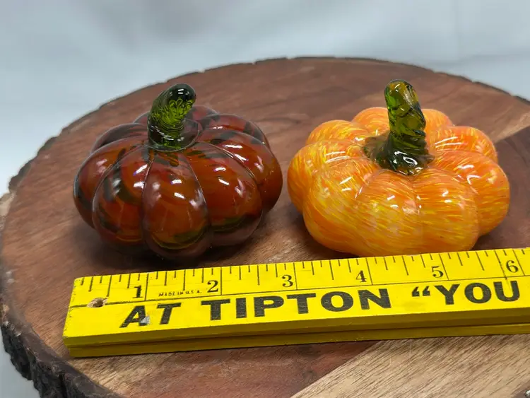 Art Glass Pumpkins Small Fall Harvest Paperweights Lot Of 2