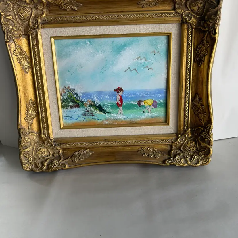 Vintage Framed Enamel On Copper Painting Boy&girl Playing At Waters Edge Artist Lucey