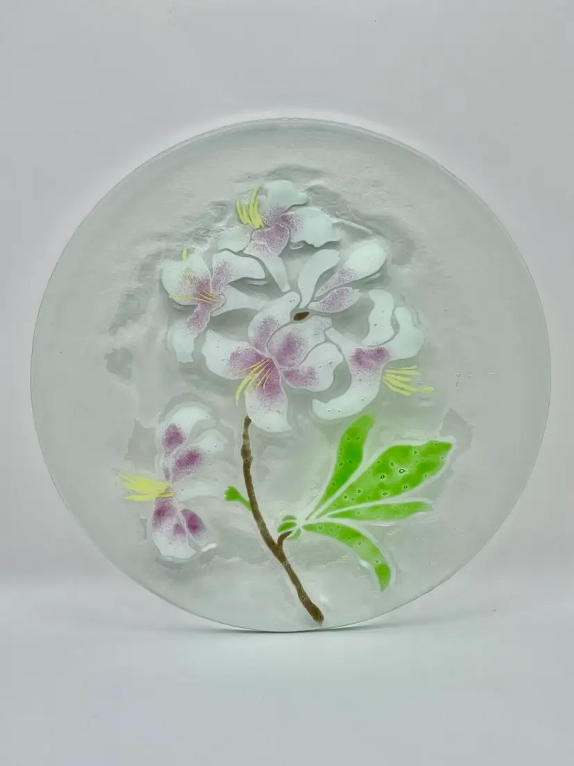 Fused Glass Plate, White and Pink Lilies, 10.5” in Diameter, Signed Travis