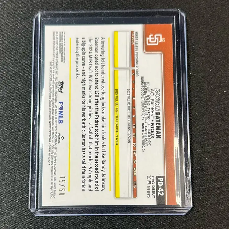 Boston Bateman 2025 Topps Pro Debut Gold Foil Auto /50 Baltimore Orioles