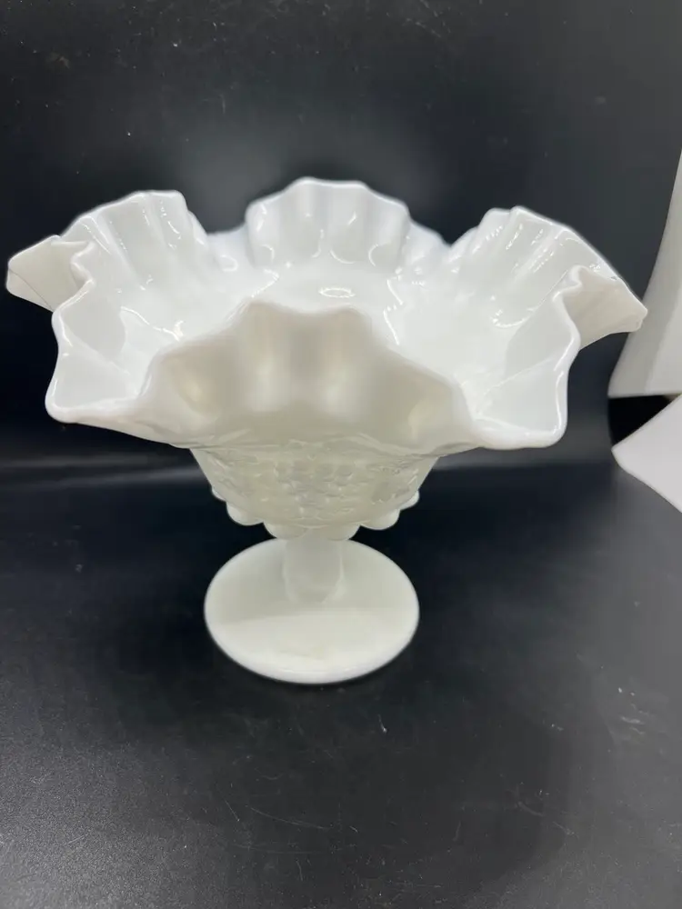 Westmoreland Ivy And Grape Milk Glass Ruffled Edge Compote