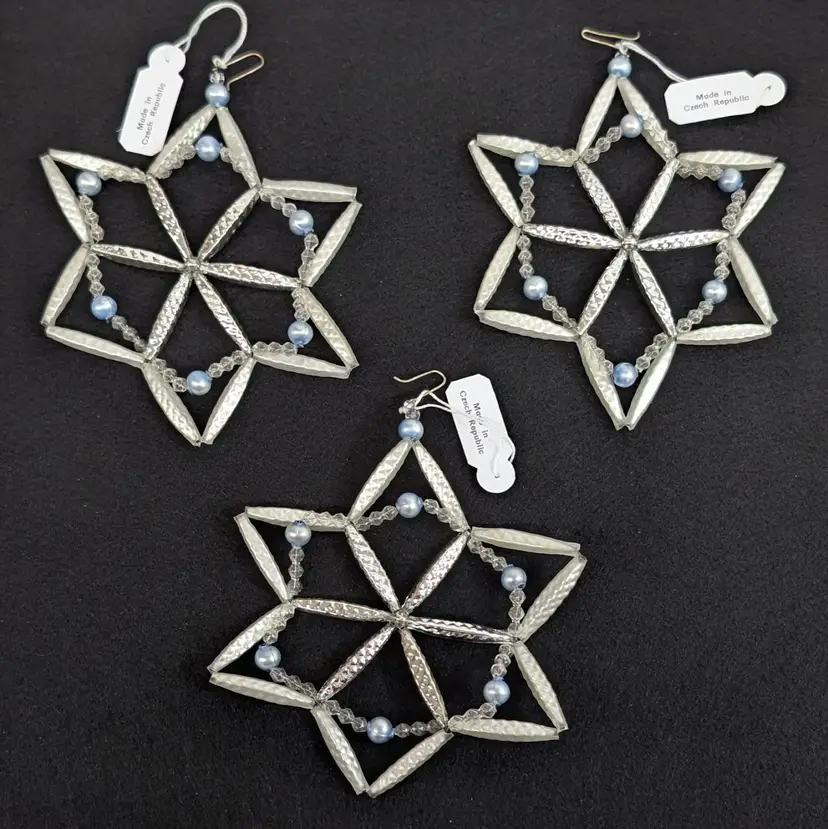 Vintage Set of 3 Christmas Silver & White Glass Star Ornaments Czech Republic 5"