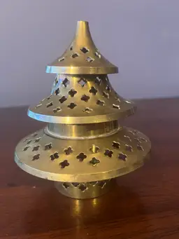 Vintage Christmas tree - tiered brass incense burner Or tea Light Holder  with decorative cutouts. 6” Tall 5 “ Diameter Of Largest Section Of Tree