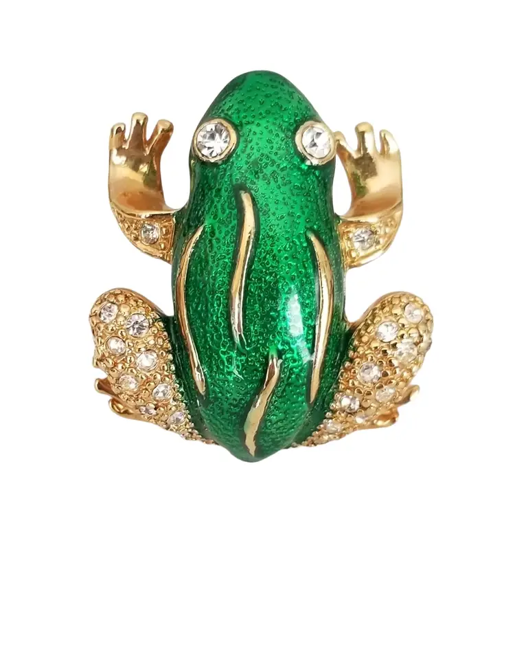 Roman Green Enamel Rhinestone Frog Brooch Pin, Signed M162