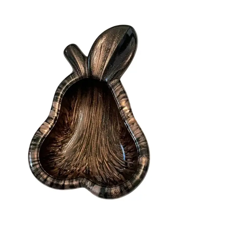 Murano Black With Copper Adventurine Pear Shaped Trinket Bowl 5 1/2” X 3 1/2”