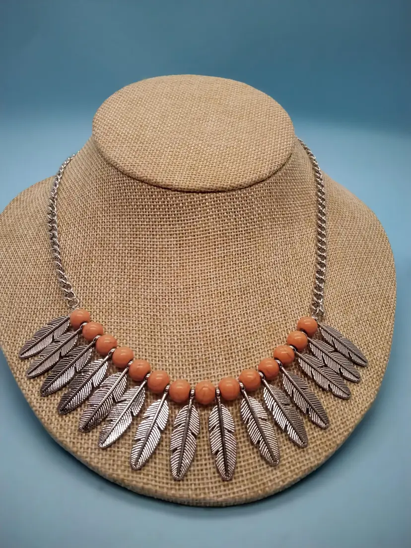 Boho Feather Necklace with Orange Beads