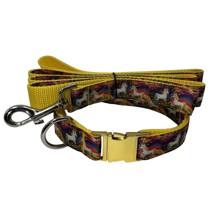 Dog Collar & Leash Yellow Unicorn Rainbow Print  Large Handmade Heavy Duty NEW