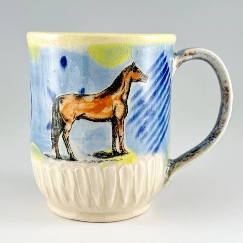Handmade Studio Art Pottery Horse Mug, Equestrian Ceramic Coffee Cup, Large 16 oz