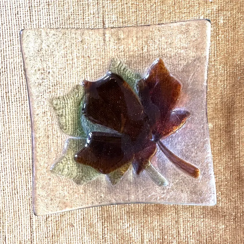 Vintage Trinket Dish Fused Glass Dynasty Gallery Leaves Green and Brown On Clear 4x4 Ring Holder Jewelry Catchall