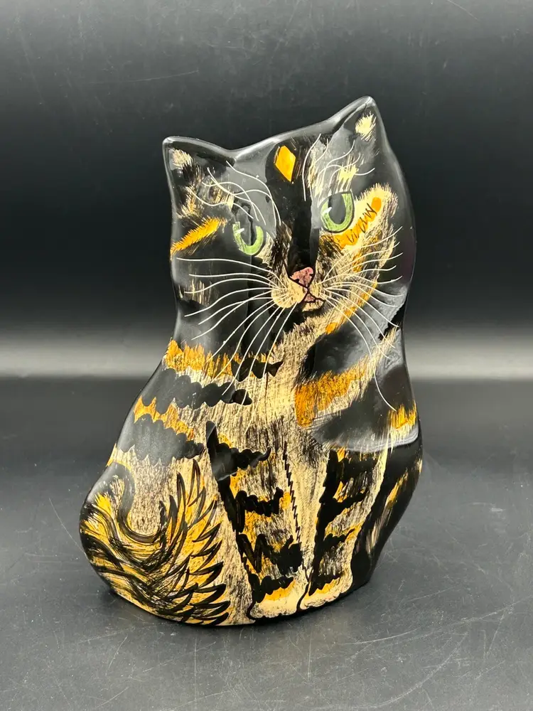 Cats By Nina Lyman Vase/Planter Figurine, Black And Orange Cat With Green Eyes